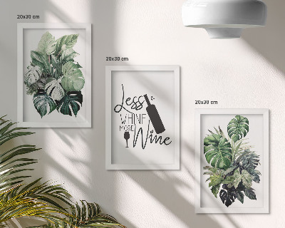 Lot de 3 tableaux Feuilles de plantes dans des tons de vert avec une inscription sur le vin