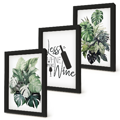 Lot de 3 tableaux Feuilles de plantes dans des tons de vert avec une inscription sur le vin