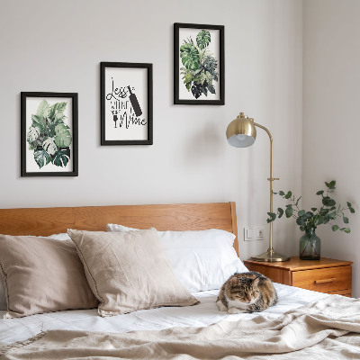 Lot de 3 tableaux Feuilles de plantes dans des tons de vert avec une inscription sur le vin