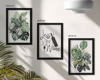 Lot de 3 tableaux Feuilles de plantes dans des tons de vert avec une inscription sur le vin