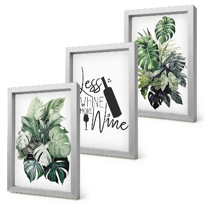 Lot de 3 tableaux Feuilles de plantes dans des tons de vert avec une inscription sur le vin