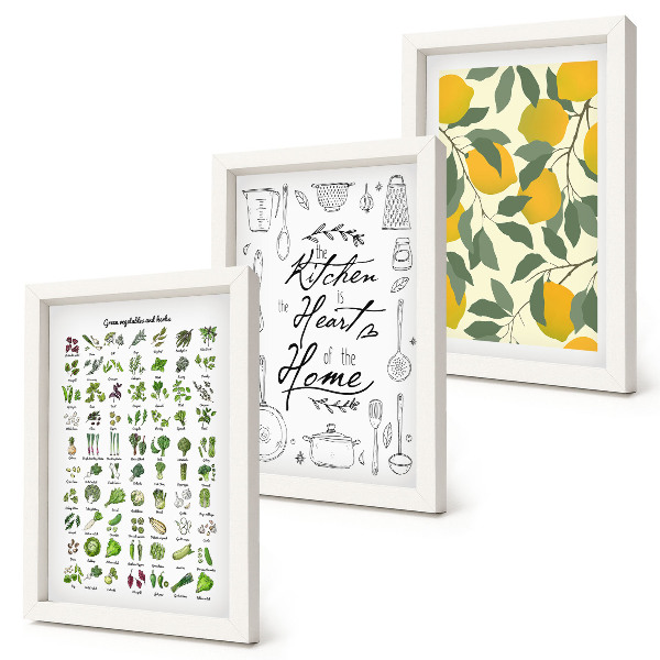 Ensemble de 3 tableaux Liste d'herbes aromatiques, panneau de cuisine et citrons peints