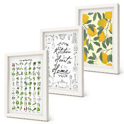 Ensemble de 3 tableaux Liste d'herbes aromatiques, panneau de cuisine et citrons peints