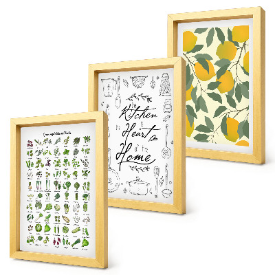 Ensemble de 3 tableaux Liste d'herbes aromatiques, panneau de cuisine et citrons peints