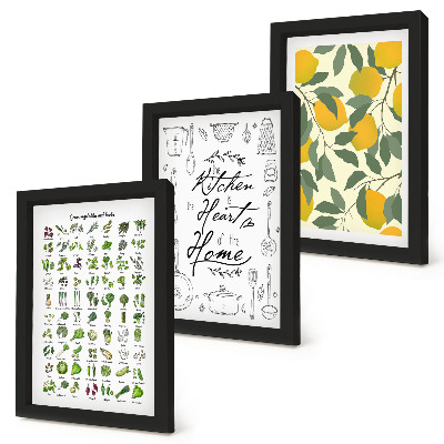 Ensemble de 3 tableaux Liste d'herbes aromatiques, panneau de cuisine et citrons peints