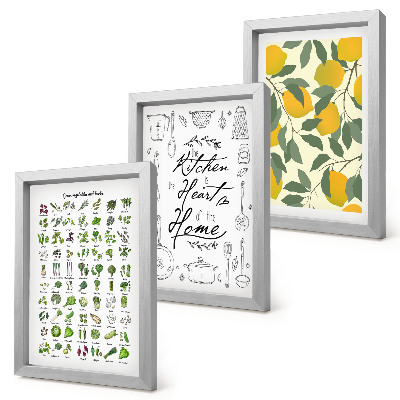 Ensemble de 3 tableaux Liste d'herbes aromatiques, panneau de cuisine et citrons peints