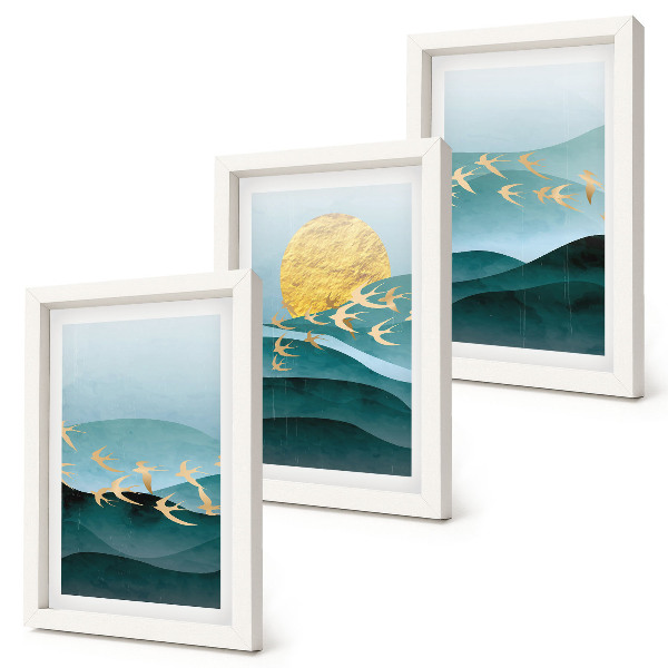 Ensemble de 3 tableaux Paysages abstraits de vagues de soleil et d'oiseaux en vol