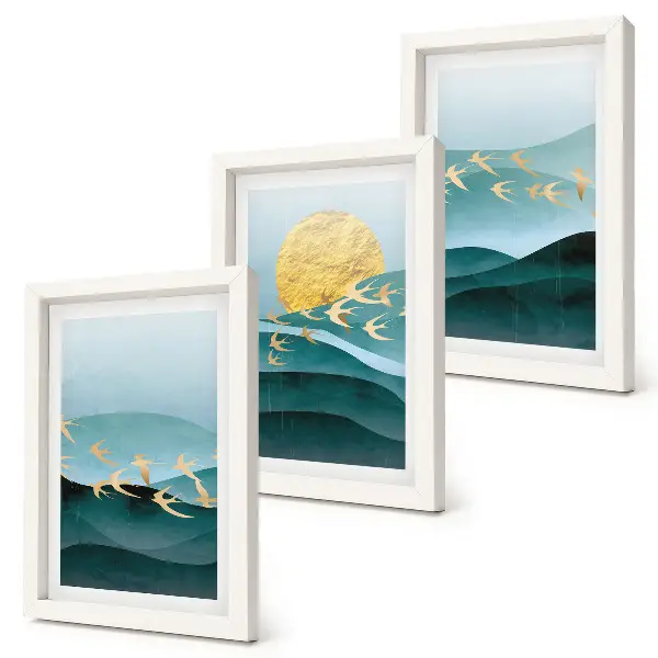 Ensemble de 3 tableaux représentant des paysages abstraits de vagues, de soleil et d'oiseaux en vol