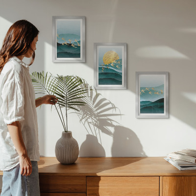 Ensemble de 3 tableaux Paysages abstraits de vagues de soleil et d'oiseaux en vol