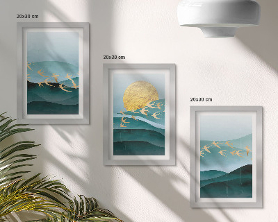 Ensemble de 3 tableaux Paysages abstraits de vagues de soleil et d'oiseaux en vol