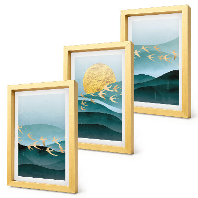 Ensemble de 3 tableaux Paysages abstraits de vagues de soleil et d'oiseaux en vol