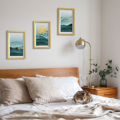 Ensemble de 3 tableaux Paysages abstraits de vagues de soleil et d'oiseaux en vol