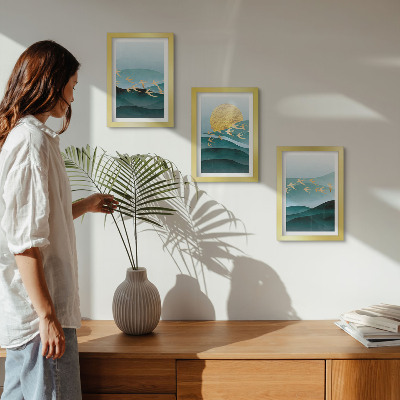 Ensemble de 3 tableaux Paysages abstraits de vagues de soleil et d'oiseaux en vol
