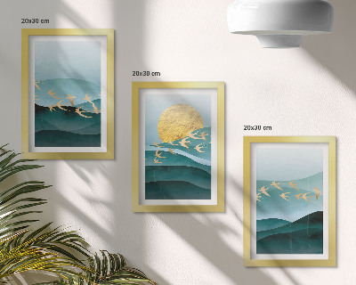 Ensemble de 3 tableaux Paysages abstraits de vagues de soleil et d'oiseaux en vol