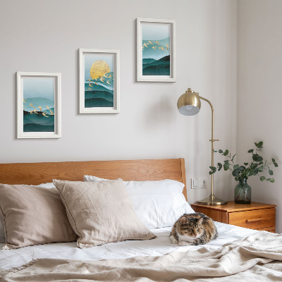 Ensemble de 3 tableaux Paysages abstraits de vagues de soleil et d'oiseaux en vol
