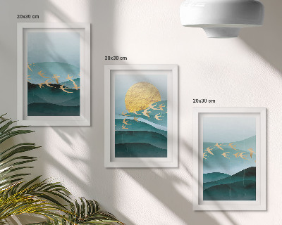 Ensemble de 3 tableaux Paysages abstraits de vagues de soleil et d'oiseaux en vol