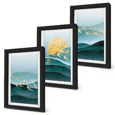 Ensemble de 3 tableaux Paysages abstraits de vagues de soleil et d'oiseaux en vol