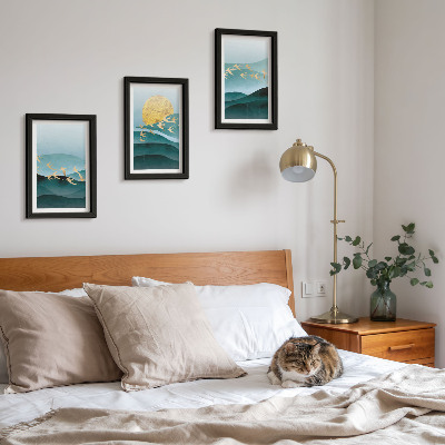 Ensemble de 3 tableaux Paysages abstraits de vagues de soleil et d'oiseaux en vol