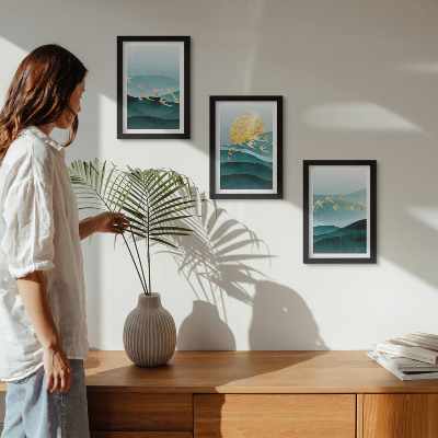 Ensemble de 3 tableaux Paysages abstraits de vagues de soleil et d'oiseaux en vol