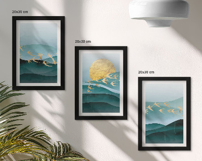 Ensemble de 3 tableaux Paysages abstraits de vagues de soleil et d'oiseaux en vol