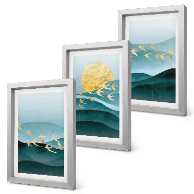 Ensemble de 3 tableaux Paysages abstraits de vagues de soleil et d'oiseaux en vol