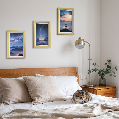 Mur de cadres Ciel nocturne, montagnes, paysages dans le brouillard et cerfs