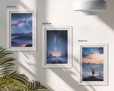 Mur de cadres Ciel nocturne, montagnes, paysages dans le brouillard et cerfs