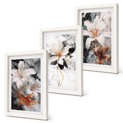 Lot de 3 tableaux Fleurs sur fond de marbre dans des tons de blanc et de noir