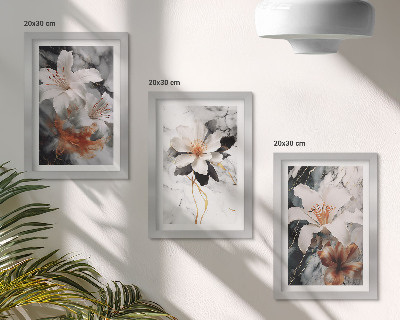 Lot de 3 tableaux Fleurs sur fond de marbre dans des tons de blanc et de noir