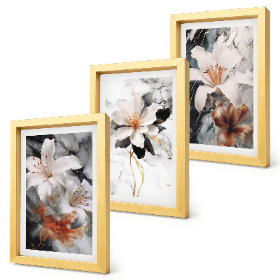 Lot de 3 tableaux Fleurs sur fond de marbre dans des tons de blanc et de noir