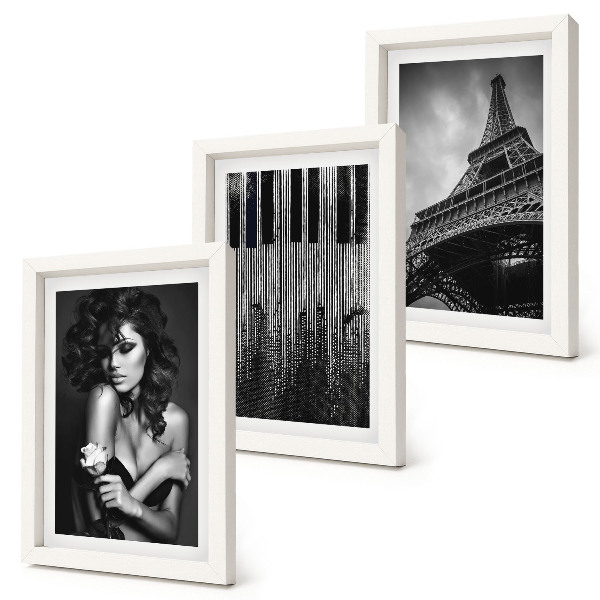 Mur de cadres Portrait d'une femme avec une rose, la tour Eiffel et un motif de piano