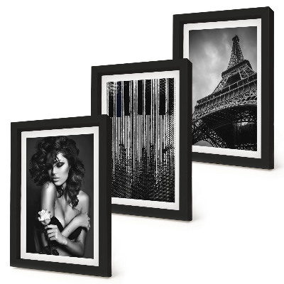 Mur de cadres Portrait d'une femme avec une rose, la tour Eiffel et un motif de piano