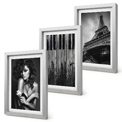 Mur de cadres Portrait d'une femme avec une rose, la tour Eiffel et un motif de piano