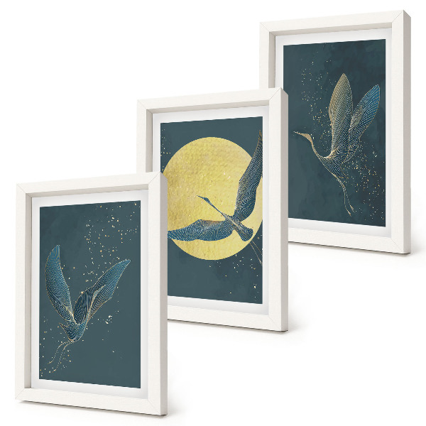 Lot de 3 tableaux Grues en vol sur fond de lune et d'étoiles