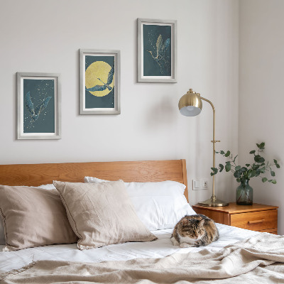 Lot de 3 tableaux Grues en vol sur fond de lune et d'étoiles