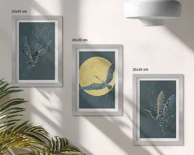 Lot de 3 tableaux Grues en vol sur fond de lune et d'étoiles