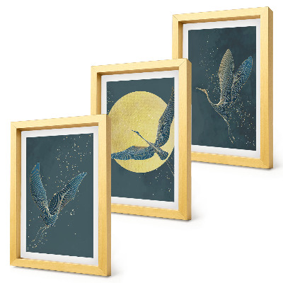 Lot de 3 tableaux Grues en vol sur fond de lune et d'étoiles