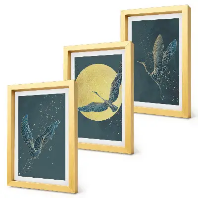 Tableau Grues en vol sur fond de lune et d'étoiles lot de 3 tableaux