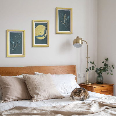 Lot de 3 tableaux Grues en vol sur fond de lune et d'étoiles