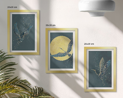 Lot de 3 tableaux Grues en vol sur fond de lune et d'étoiles
