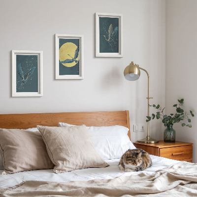 Lot de 3 tableaux Grues en vol sur fond de lune et d'étoiles
