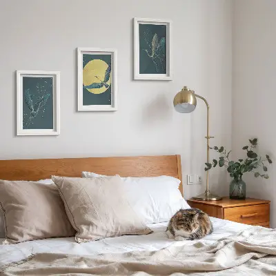 Tableau Grues en vol sur fond de lune et d'étoiles lot de 3 tableaux
