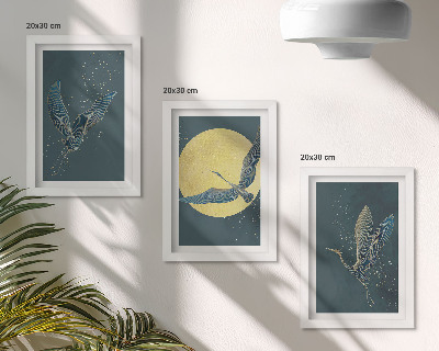 Lot de 3 tableaux Grues en vol sur fond de lune et d'étoiles