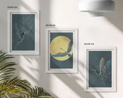 Tableau Grues en vol sur fond de lune et d'étoiles lot de 3 tableaux