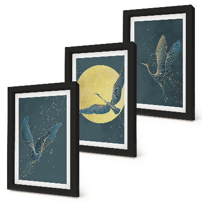 Lot de 3 tableaux Grues en vol sur fond de lune et d'étoiles