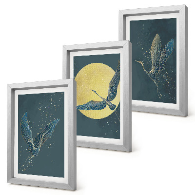 Lot de 3 tableaux Grues en vol sur fond de lune et d'étoiles