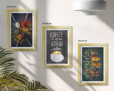 Mur de cadres café aux épices avec tasse et motifs d’herbes aromatiques