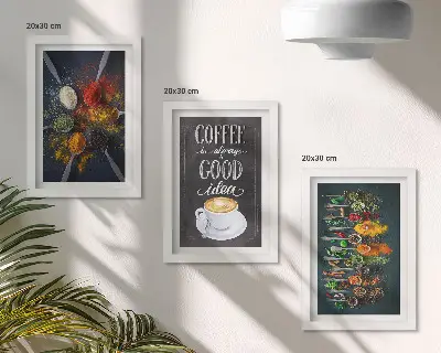 Mur de cadres café aux épices avec tasse et motifs d’herbes aromatiques