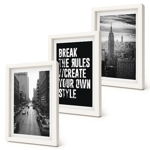 Lot de 3 tableaux Rues de la ville en noir et blanc avec une inscription inspirante