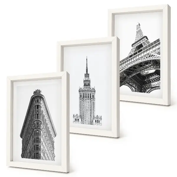 Ensemble de 3 tableaux bâtiments architecturaux en style minimaliste noir et blanc